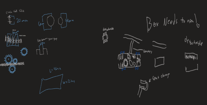 Initial Bike Bristle sketch showing the brush arrangement, chain-cleaning box, and adjustable bicycle frame attachment.